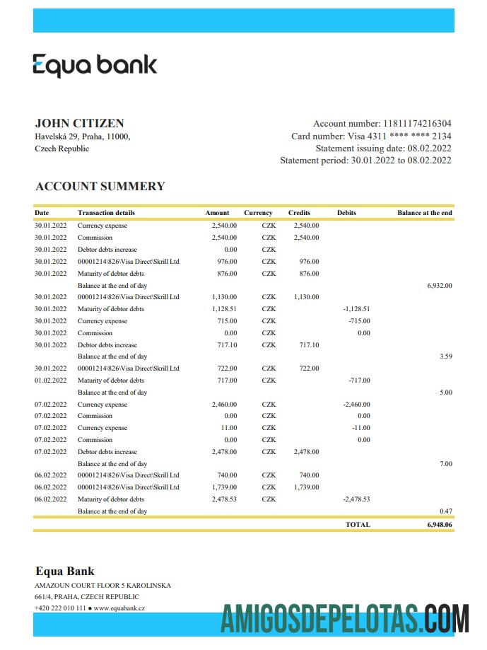 Czechia Equabank Statement Xls amostra